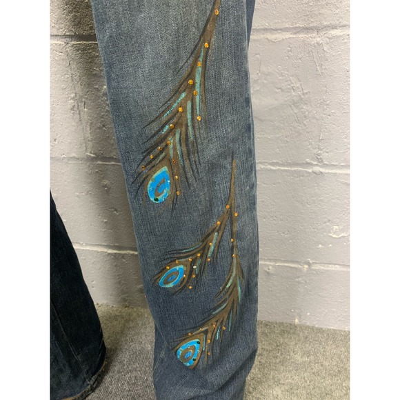 Z. Cavaricci Authentic Vintage Painted Rhinestone Peacock Jeans Mid Rise Size 10 - Picture 10 of 14